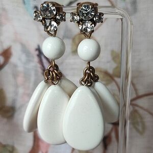 J. Crew Teardrop Eggshell Color Acrylic Brass Tone Rhinestone Pierced Earrings